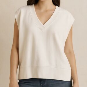 ATHLETA Retroterry V-Neck Sweatshirt Tee Sweater Vest Ivory Cream Size S